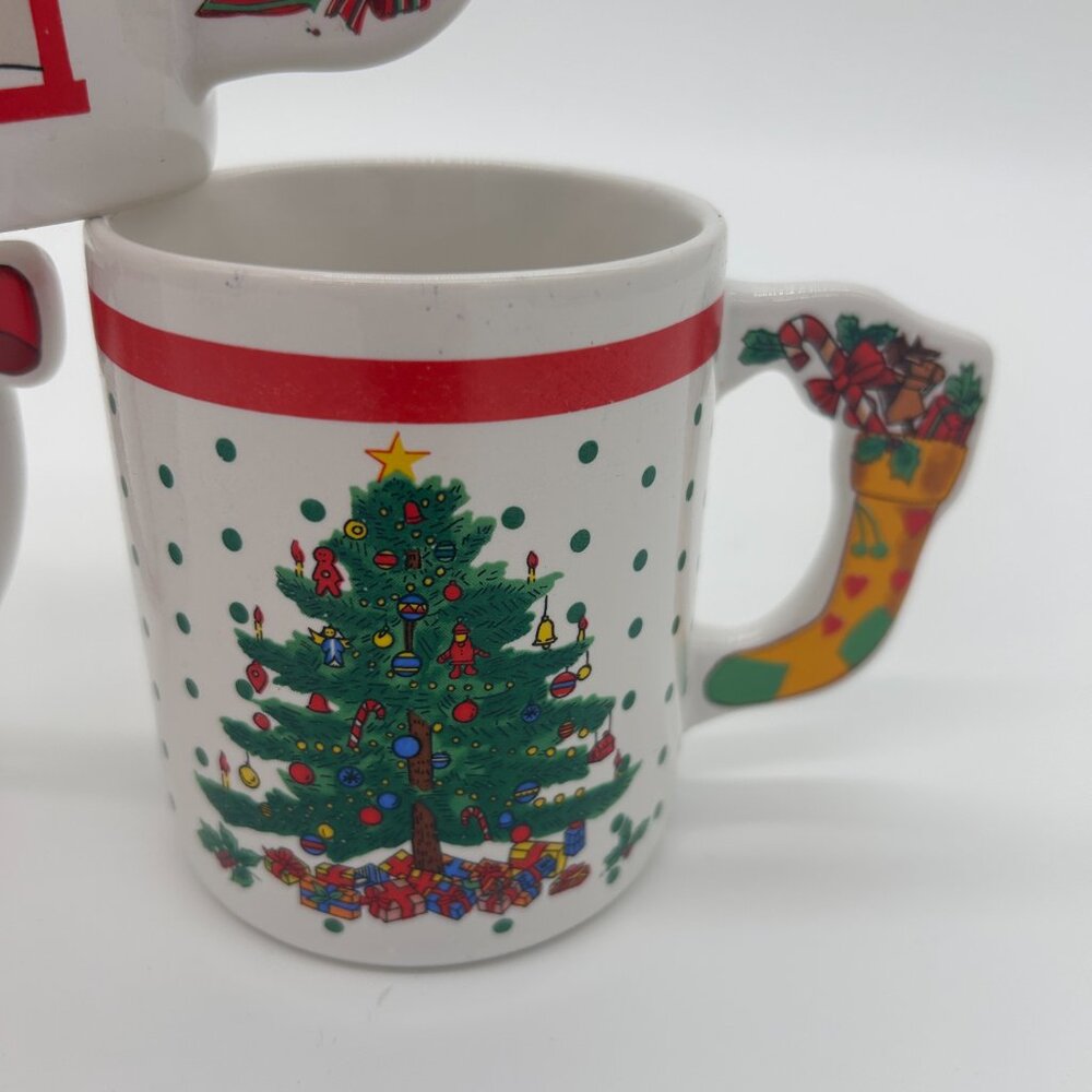 Lot Of 3 Vintage Kitschy Christmas‎ Mugs MCM Shaped Handle - Picture 3 of 9